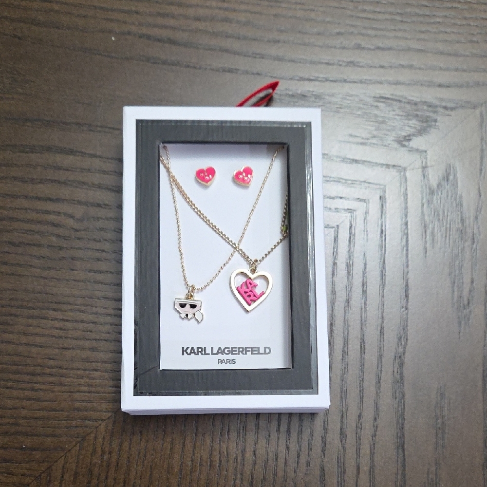 Karl Lagerfeld Gold-Tone Layered Necklace & Pink Heart Stud Earring Set New